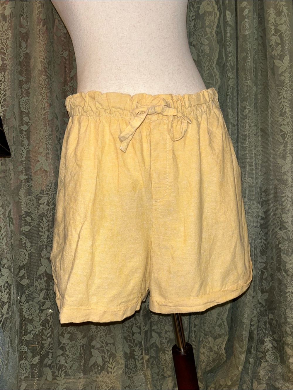50% Linen 50% Cotton Soft Drawstring Shorts in Pale Yellow Khaki Color